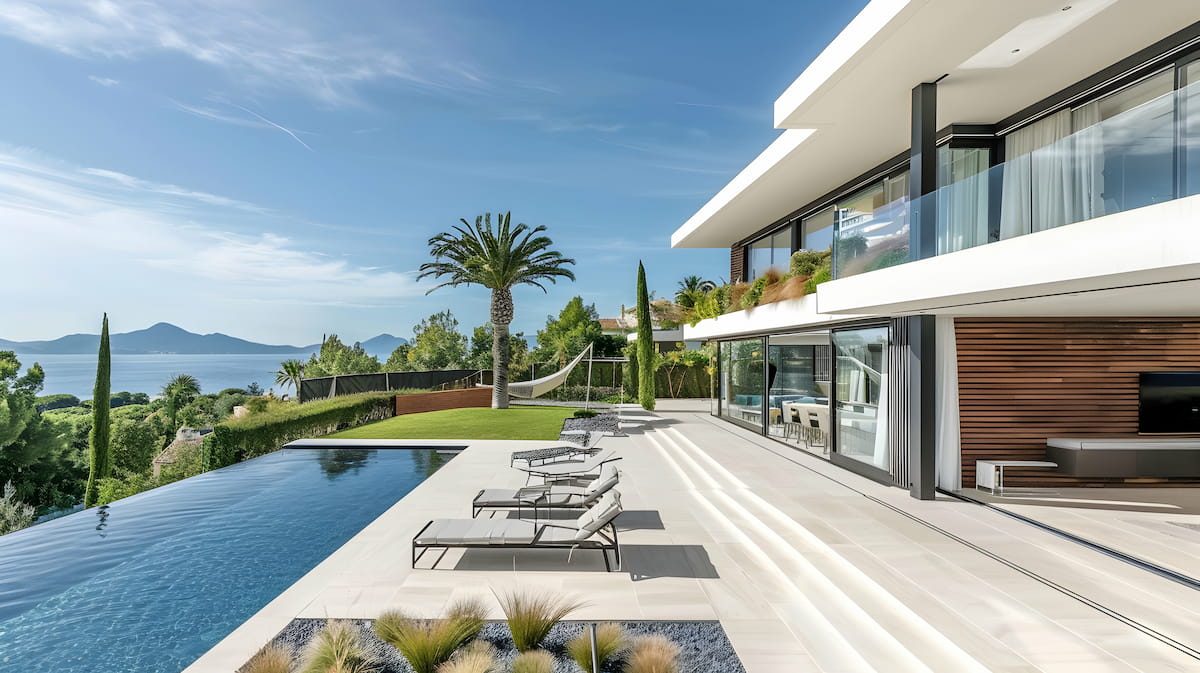 Belle villa avec piscine et transats sur la plage de piscine